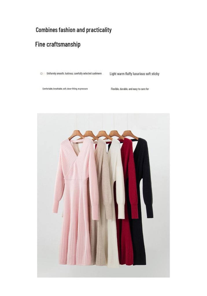 Women's Cashmere V-Neck Ribbed Waist Long Dress - Autumn/Winter Collection
