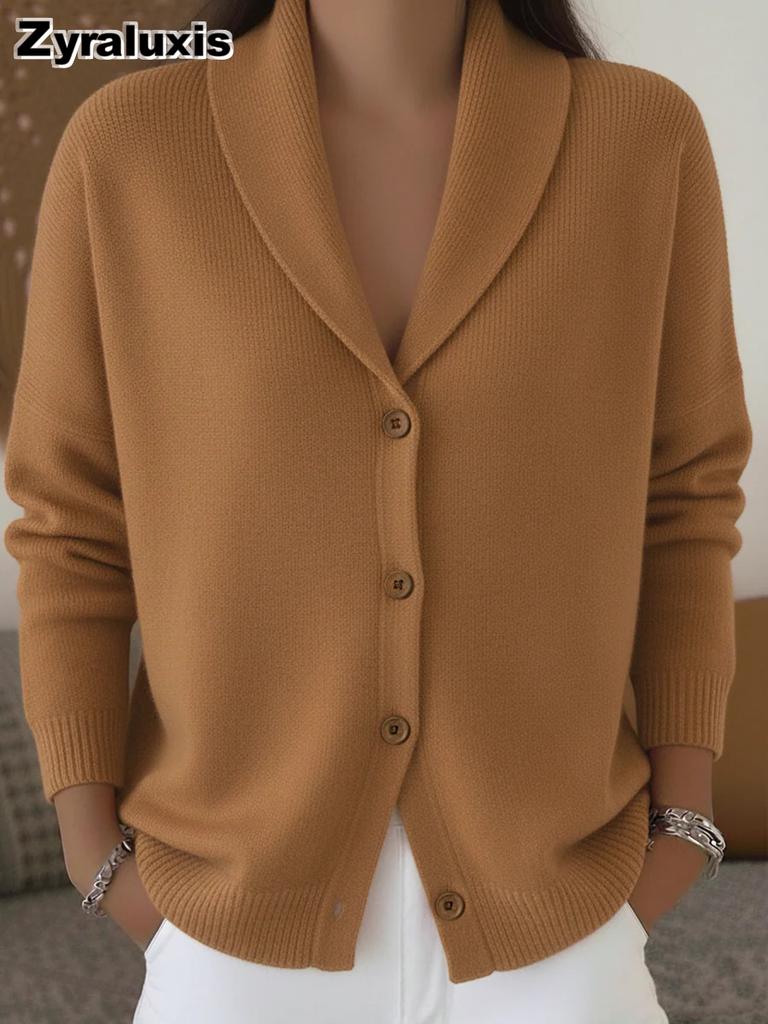 Fall Winter New Knitted Oversized Cardigan for Women Lazy Style Stand Collar Button Solid Long Sleeve Sweater