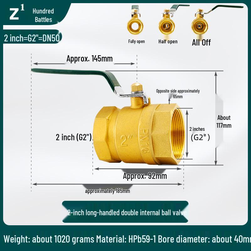 Brass Double Female Thread Ball Valve with Long Handle, Thickened for Water Heating, Available In Sizes: DN25, DN32, DN40, DN50.