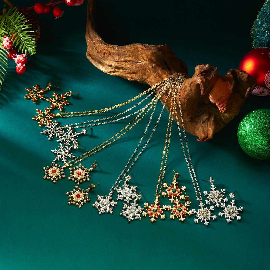Christmas Imitation Pearl Colorful Rhinestone Snowflake Earrings Necklace for Women Exquisite Flower Jewelry Set New Year Gifts