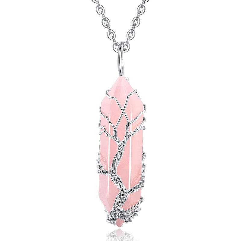 Tree of Life Natural Crystal Hexagonal Pendant Necklace with Wire-Wrapped Design