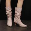 Fashion Trendy Women Pleated Blue Denim Jeans Boots Spike Heels Pointy Toe Knee-high Boots Shoes Autumn Winter Red Black White Pink