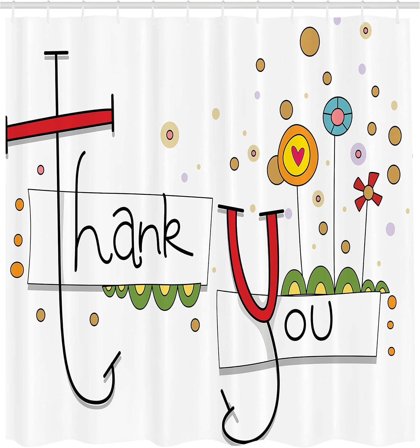 Graphic Art Shower Curtain Thank You Typography Cartoon Flowers Hearts Dots Fun Abstract Design with 90x180cm35x71in