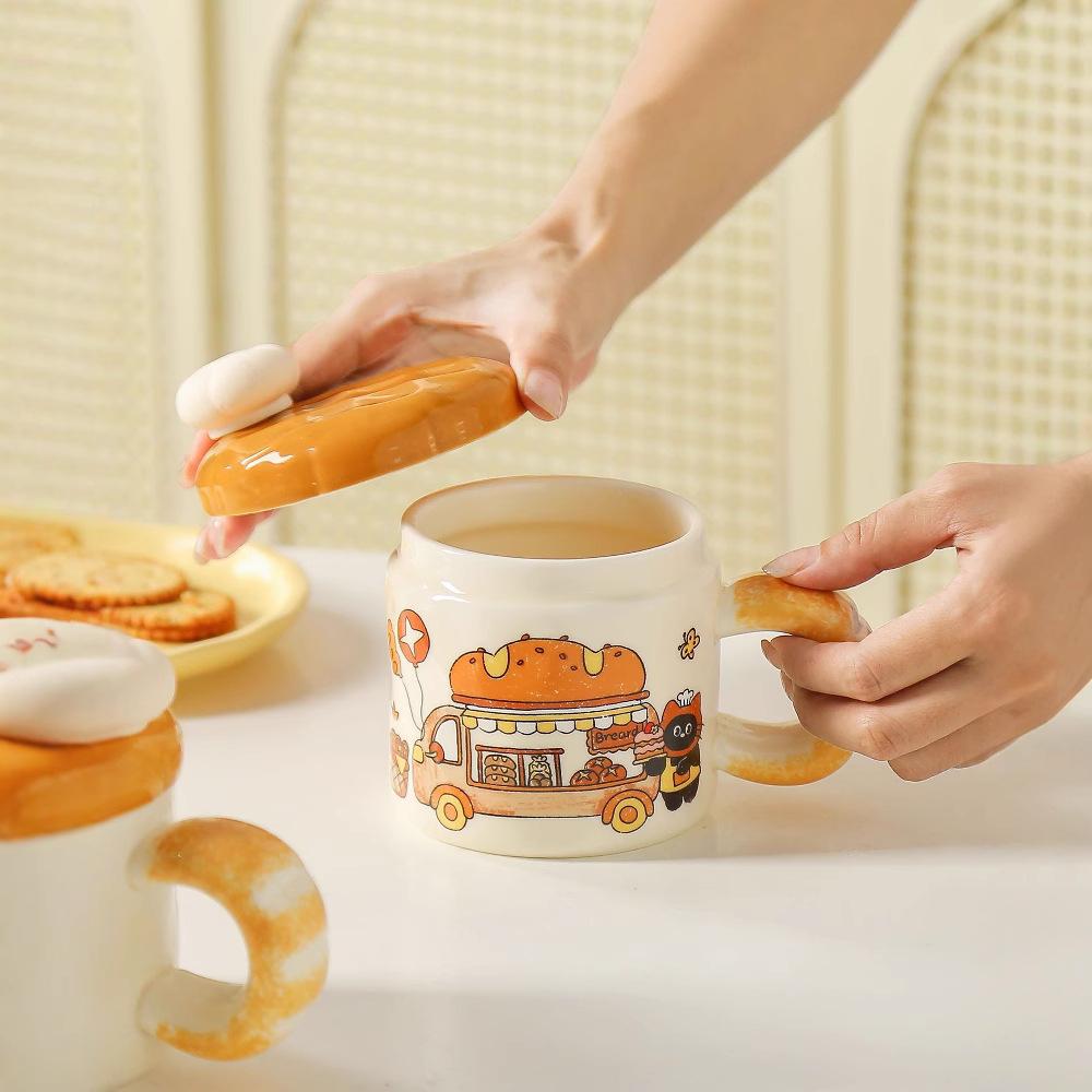 Cute Waffle Mug Good Looking Souvenir Bread Ceramic Cup with Lid  Office Girl Gift Water Cup