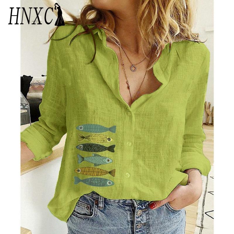 HNXC Women's Fashion Casual Small Fish Print Long Sleeve POLO Neck Blouses & Shirts