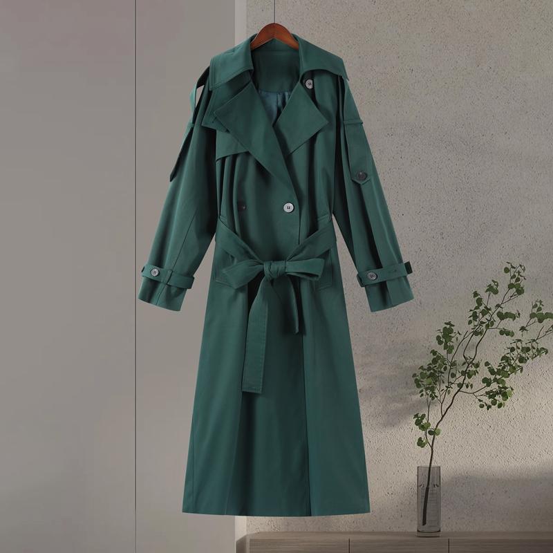 

Темно-зеленый плащ с отложным воротником и поясом, свободного кроя, с дизайном с двойной пряжкой, женственный, для работы, модный, для офисной леди, осень 2025 S