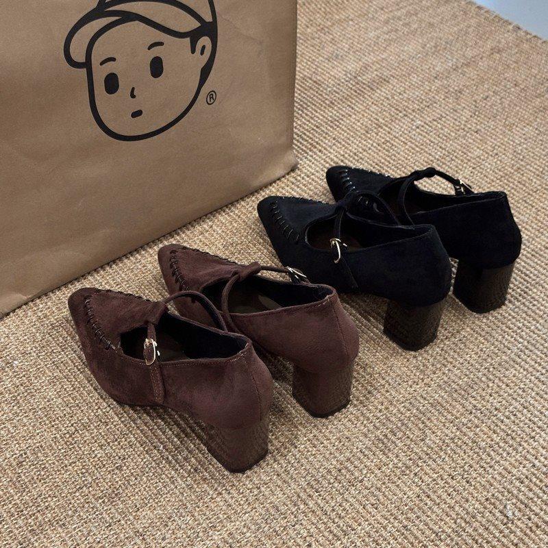 New Pointed High-heeled Retro Mary Jane Shoes Suede French Skirt 2025 Single Shoes Women's Shoes Thick Heel with Autumn