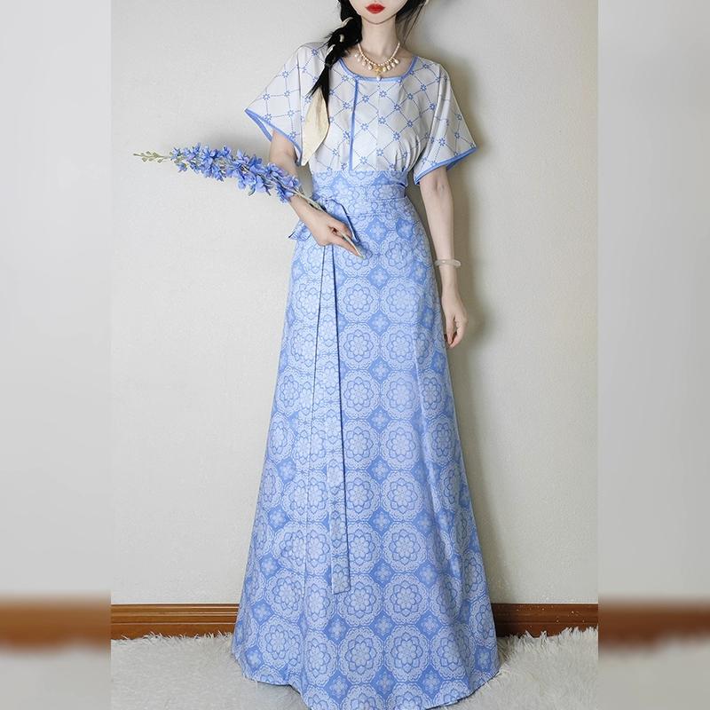 Hanfu Femei Stil Dinastia Tang Chineză, Cămașă cu Guler Atârnat Fustă Dintr-o Bucată Până la Talie Costum de Navetă Zilnică Pentru Femei