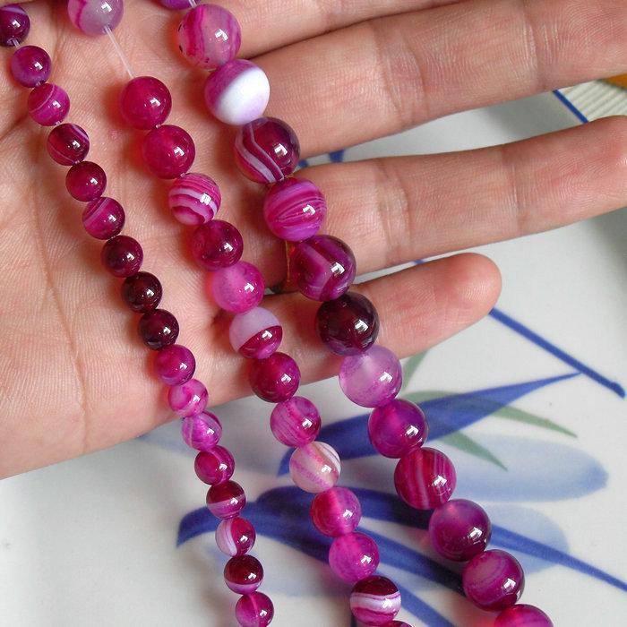 Hot Pink Striped Agate Beads for DIY Jewelry Making, Sizes 4-18mm