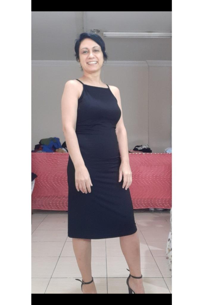 Women's Big Size Dress Rope Strap Below Knee Combed Cotton Viscose Black Pencil Dress