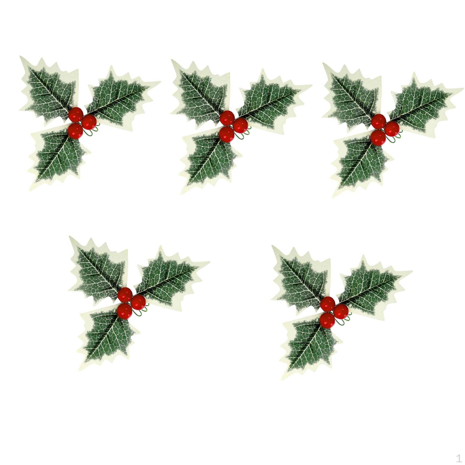 5 Pieces Christmas Leaves Fake Berry Artificial Holly Berries Green