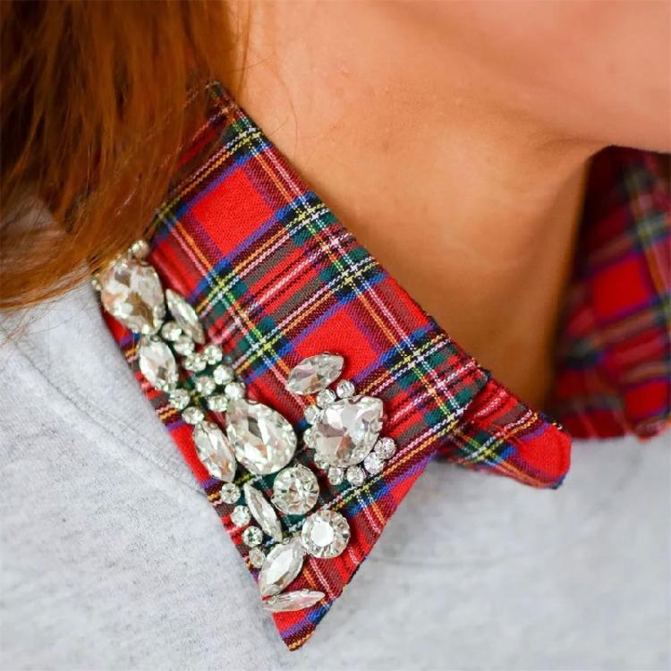 Plaids False Collar with Rhinestones Machine Washable Polyester For Outfits Insert Casual Collar