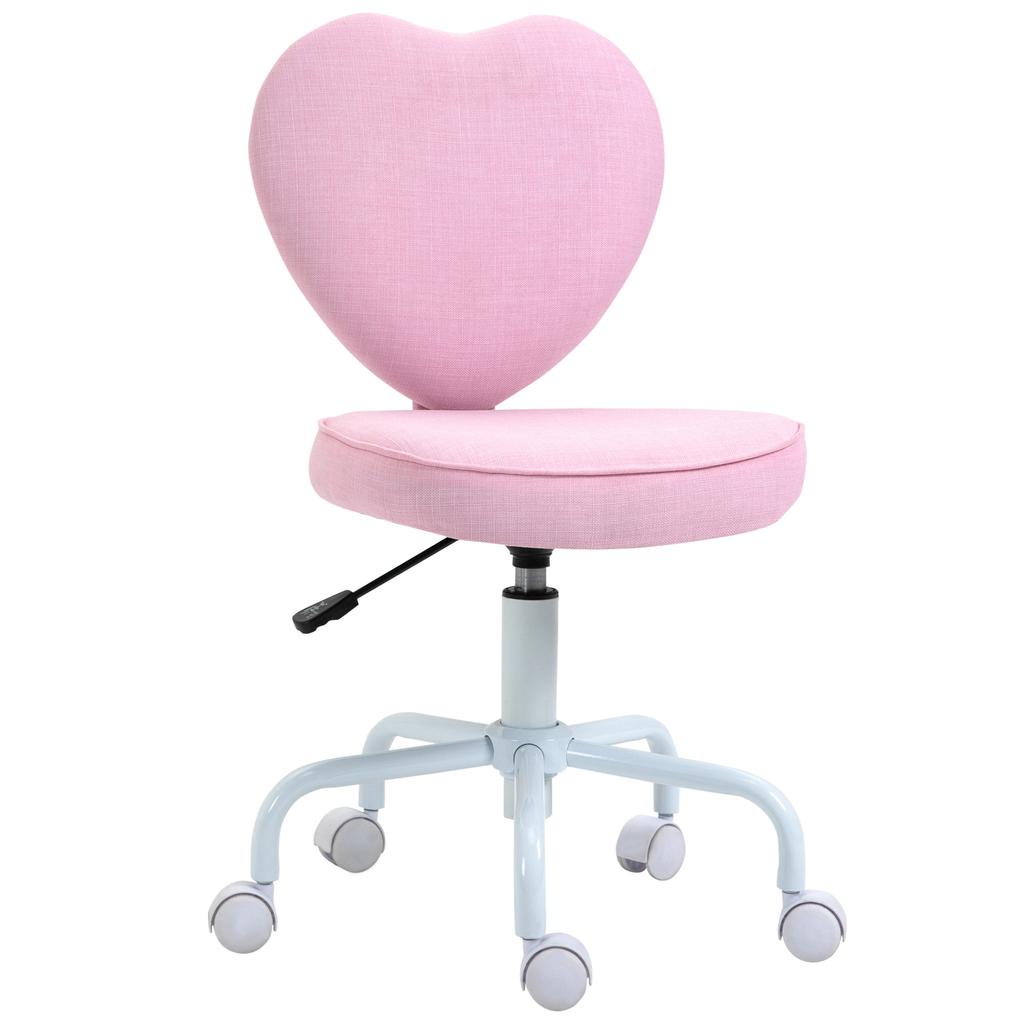 Silla giratoria, Bonito diseño de corazón, Altura regulable, Funda de tela con aspecto de lino, Rosa, 42 x 50 x 79-89 cm