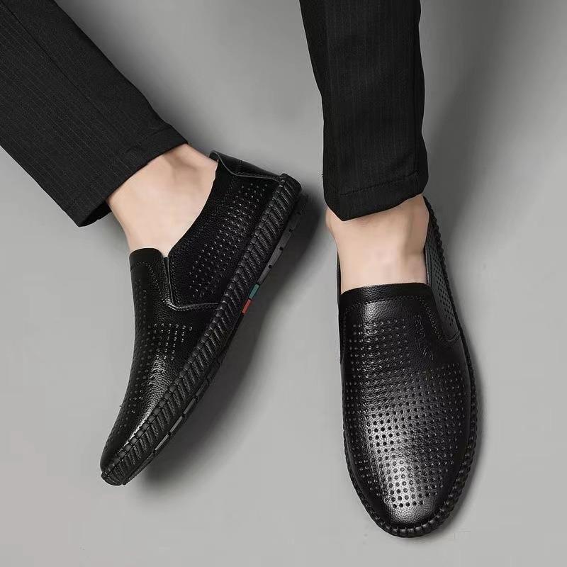 Genuine Leather Cowhide Men's Breathable and Deodorant Summer Extra Large Size One-pedal Men's Casual Leather Shoes Soft Leather Doudou Men's Shoes