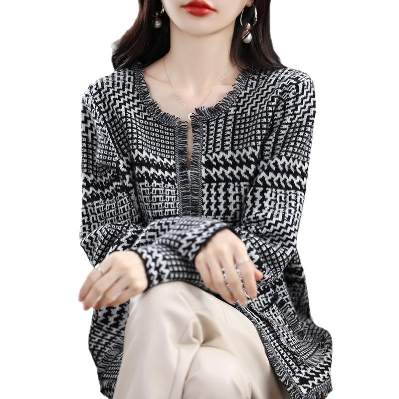 Women's French Chic Wool Houndstooth Cardigan - Autumn/Winter Thick Knit Tassel Coat
