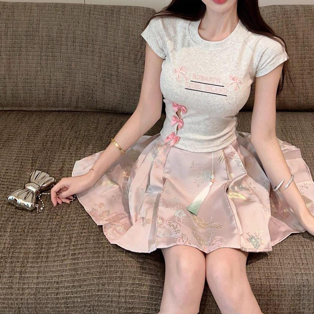 2025 Lato Szykowna Kokarda Różowa Ażurowa Koszulka z Krótkim Rękawem dla Kobiet