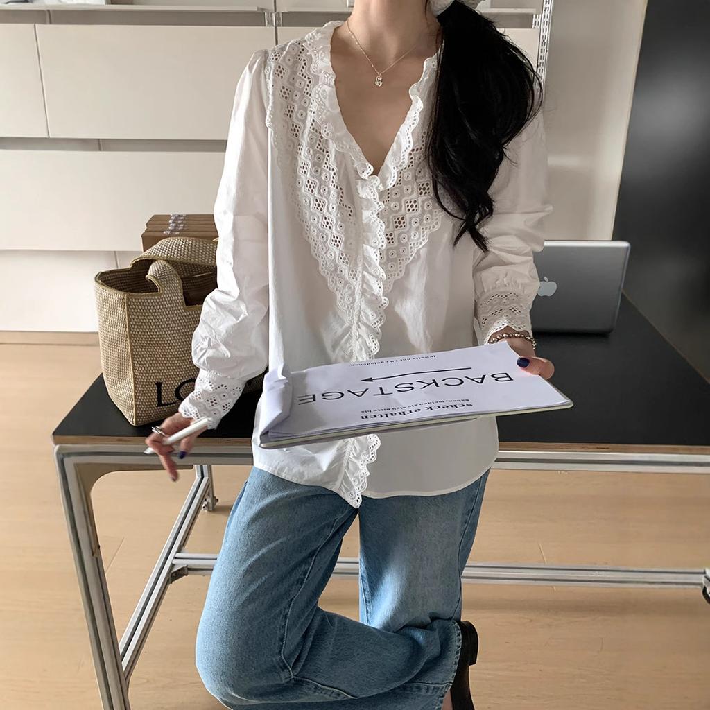 French Fungus Lace V-Neck Long Sleeve Shirt Women