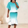Women Plus Size Crew Neck Turquoise Gradient Palm Printed Batwing Sleeve Ruffle Hem Top Fishtail Skirt Two Piece Set