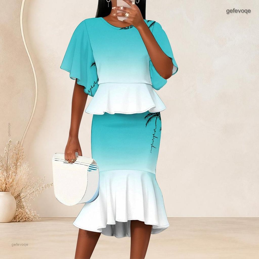 Women Plus Size Crew Neck Turquoise Gradient Palm Printed Batwing Sleeve Ruffle Hem Top Fishtail Skirt Two Piece Set