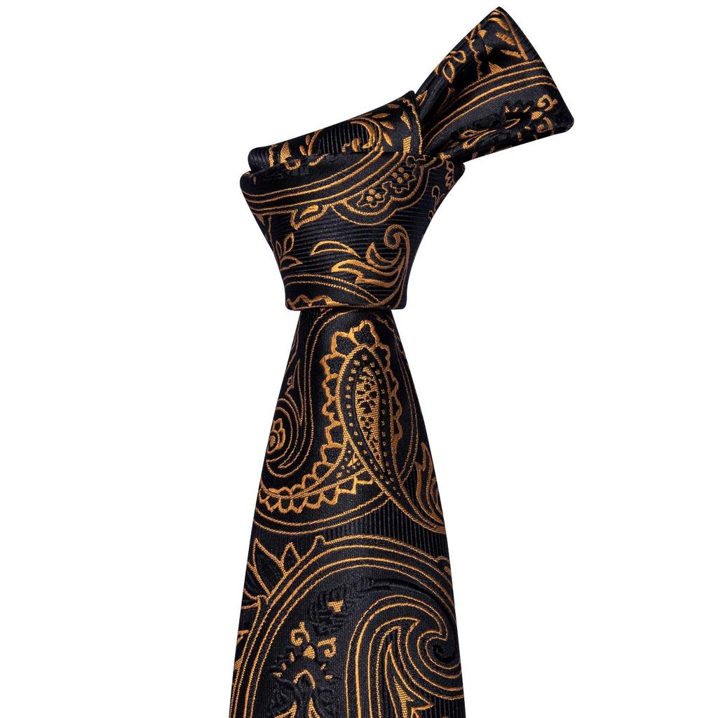 Barry.Wang Gold Black Jacquare Ties Fashion Set Hanky Cufflinks Neckties for Men Woven Silk
