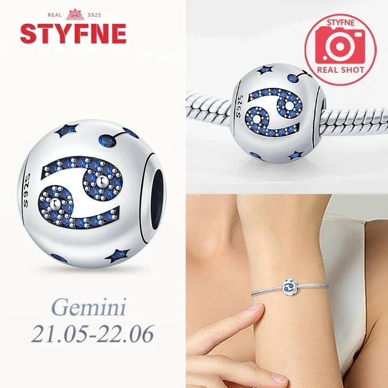 Zircone Blu Elegante Dodici Simboli Zodiacali Gemelli Leone Bilancia Perla in Rame Autentico Adatta a Braccialetti da Donna Fai da Te Regali Accessorio