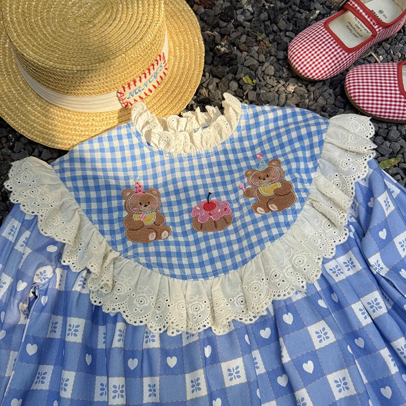 Autumn 2026 Korean-Style Plaid Girl's Dress with Little Bear Embroidery, Doll Collar, and Ruffle Lace