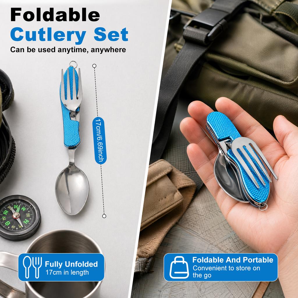 Camping Eating Utensils Portable Spoon Fork Bottle Opener Combo Stainless Steel Flatware Travel Backpacking Cutlery Multitool