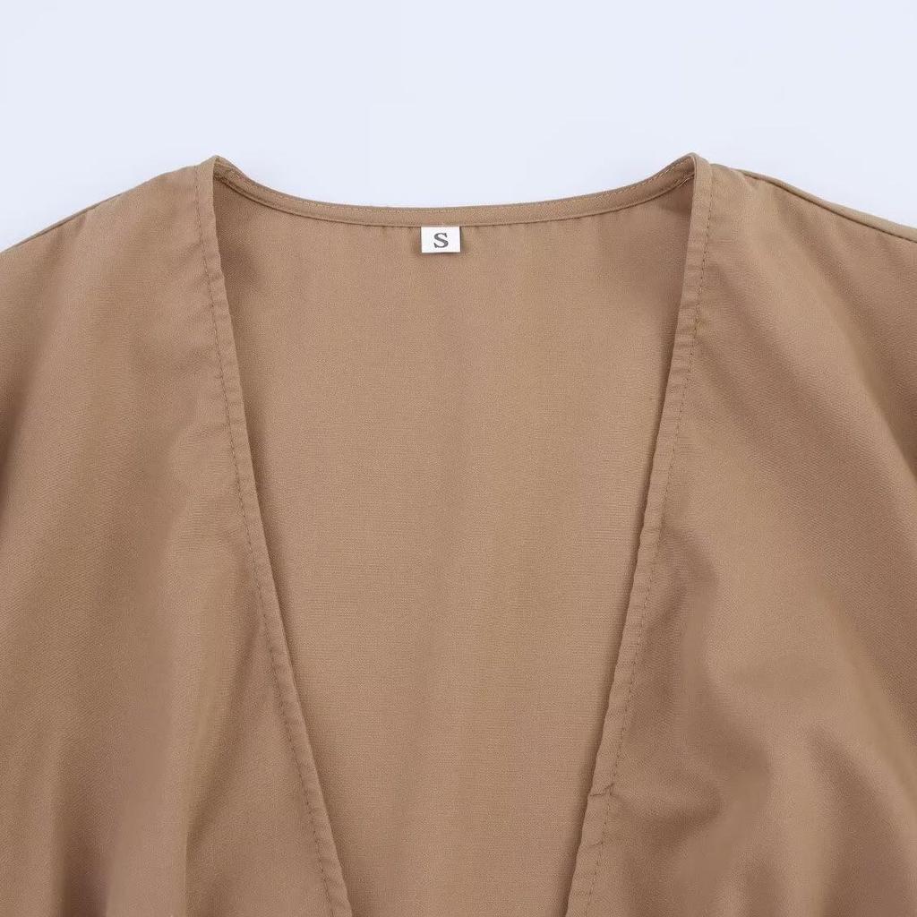 2025 Summer Women's European & American Retro Puff Sleeve V-Neck Dress with Bow Decoration