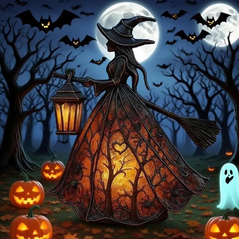 Halloween Witch Lantern Indoor Spooky Standing Night Light Unique Witch Statue Table Lamp for Bedroom Halloween Decor Gifts