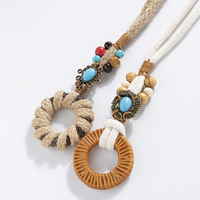 Bohemian Round Wood Waxed Rope Woven and Knotted, Ethnic Style Handcrafted Turquoise Women's Hemp Rope, Leisure and Vacation Style Waist Rope