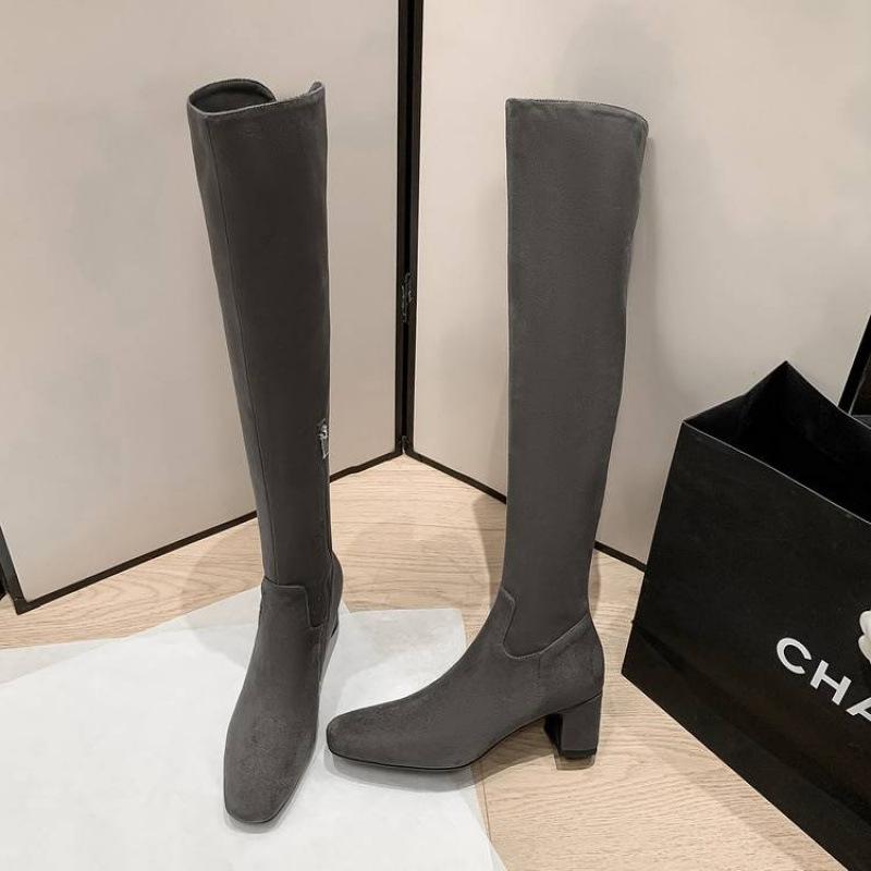 

New women s leather boots zipper solid color leather large size women s boots versatile square head beef tendon sole sheepskin high heel knee boots 39