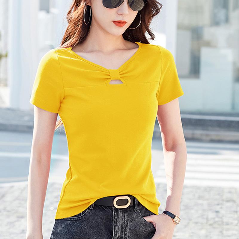 Hollow Chest Bowknot Sweet Korean Version of Slim Cotton Short-sleeved Women's T-shirt Fashion One-shoulder Half-sleeved Top