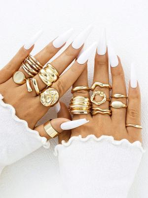 14pcs Asymmetrical Design Cocktail Rings Set For Women Vintage Smooth Chunky Geometric Irregular Finger Rings Daily Jewelry Gift