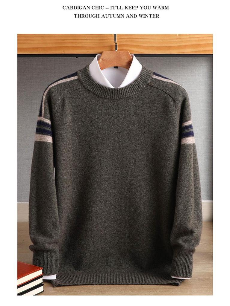 Men's Cashmere Wool Color Block Round Neck Sweater, Korean Style Loose Casual Knit Pullover, Plus Size for Autumn/Winter