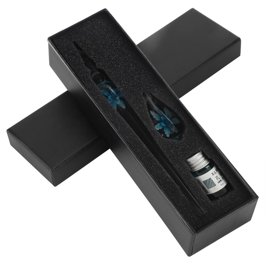 Retro   Elegant Flower Glass Dip Pen Signature Ink Fountain Pen with Ink Penholder Pink