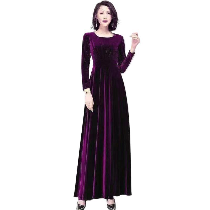 Elegant Autumn/Winter Golden Velvet V-Neck Pleated A-Line Dress with Waist-Cinching and Wide Hem