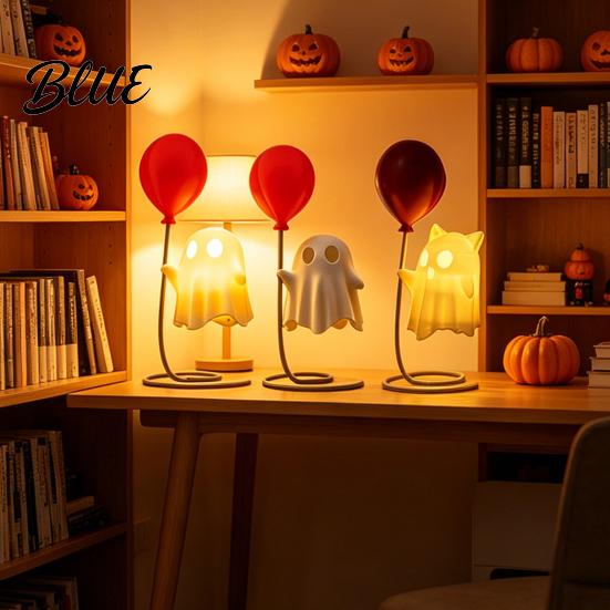 Warm Light Ghost Decor Cute Figurine with Balloon LED Night Light Soft Spooky Lamp Halloween Decoration for Bedroom Desk Table Centerpiece
