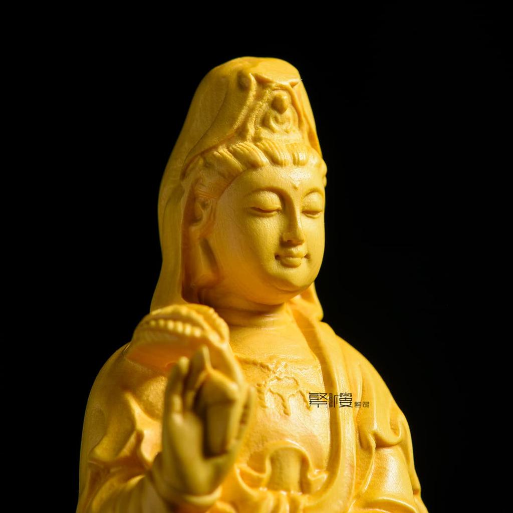 Hanlou Art Sculpture Buddhist Statue, Kannon Statue, Dragon-Riding Kannon, Dragon Kannon Ornament, Wood Carving, Buddhist Altar Statue, Prayer, Protec