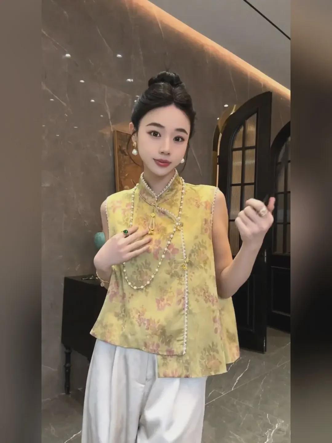 

Женский ретро-жилет в стиле чонсам из жаккарда с воротником-стойкой 2024 года XL жёлтый