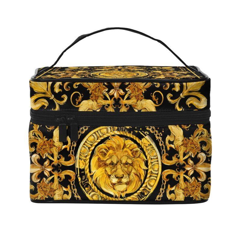 Golden Lion Baroque Print Large Capacity Makeup Bag Carrying Portable Zip Toiletry Bags Cosmetic Cases Gift for Girls Women