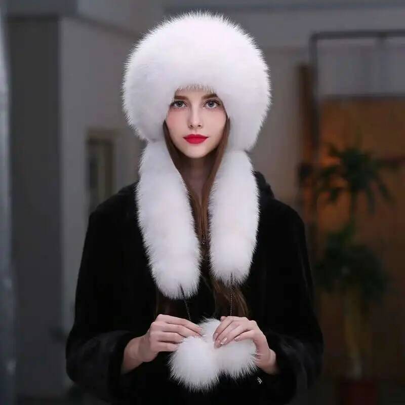 Fox Fur Hat Women Winter Scarf Hat Warm Ear Protection Cap Female Outdoor Thick Warm Fur Hats Russians Fashion Fluffy Fur Hat