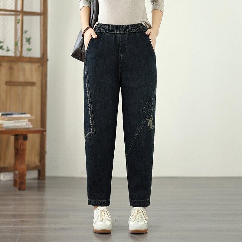 

большой размер винтажная вышивка высокая талия повседневные женские весенне-летне-осенние джинсы деним брюки гарем XXXL