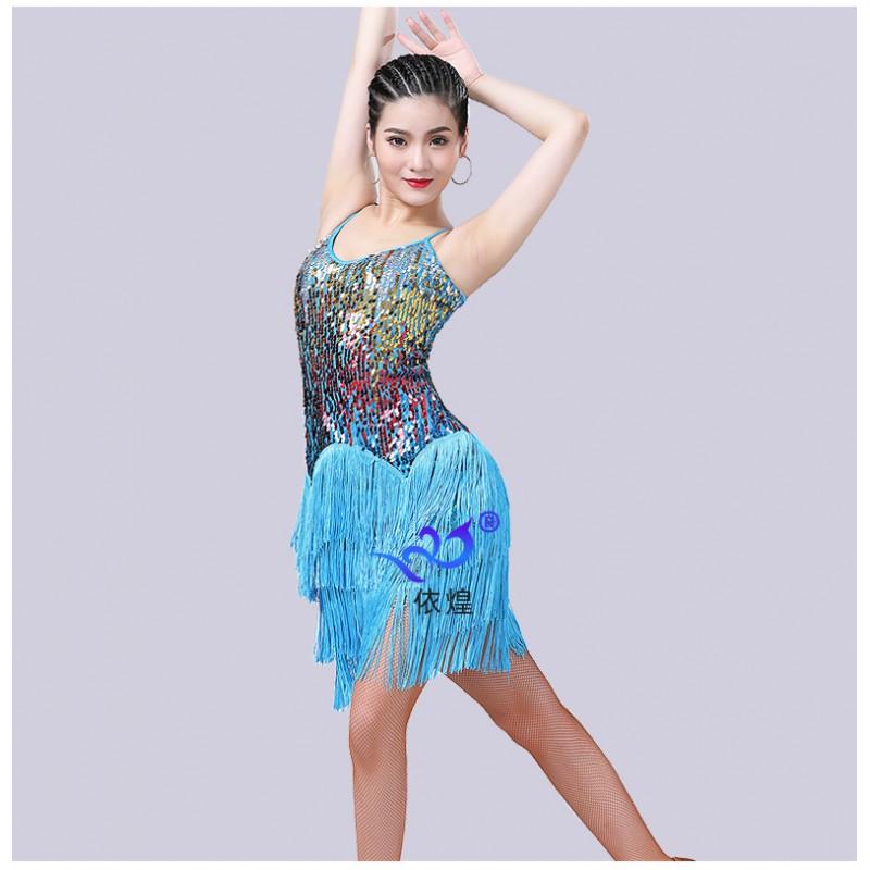 Latin Dance Dress Sequined Fringe Stage Performance Costume Women