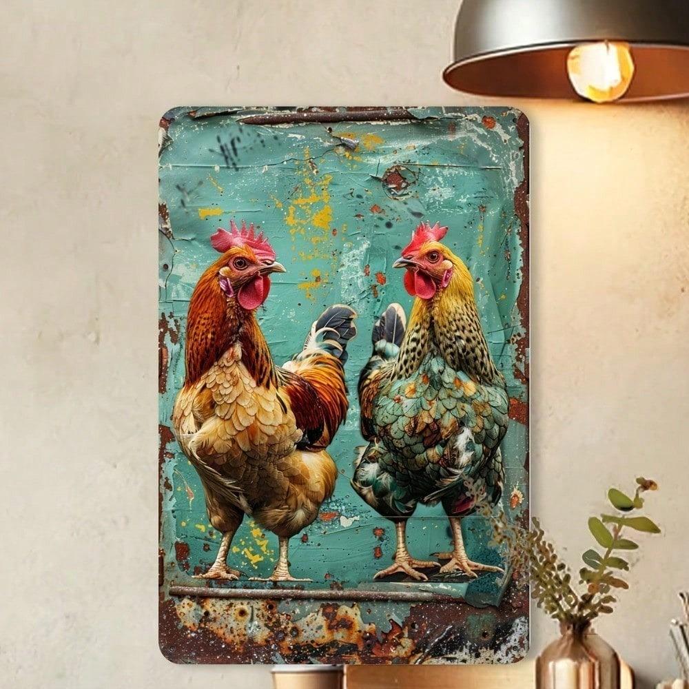 Vintage Chicken Metal Tin Sign 8x12 Inch, Rustic Rooster & Hen Wall Art, Teal Farmhouse Decor for Home Office Cafe