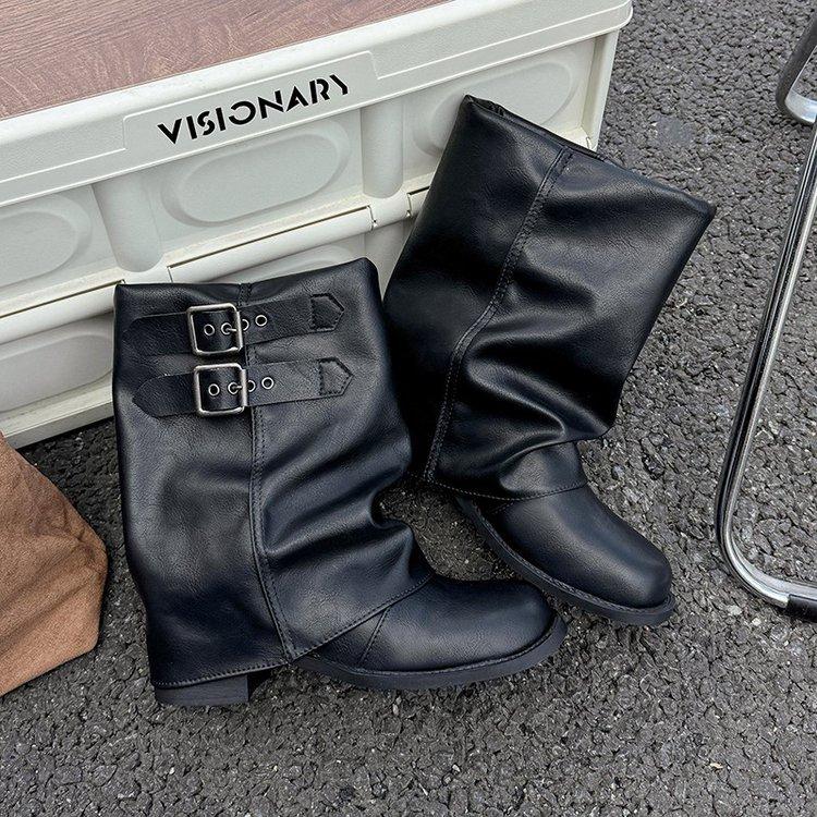 Pleated Pile Boots Women's 2025 New Black Maillard Medium Boots Women's Leather Western Boots Locomotive Martin Boots