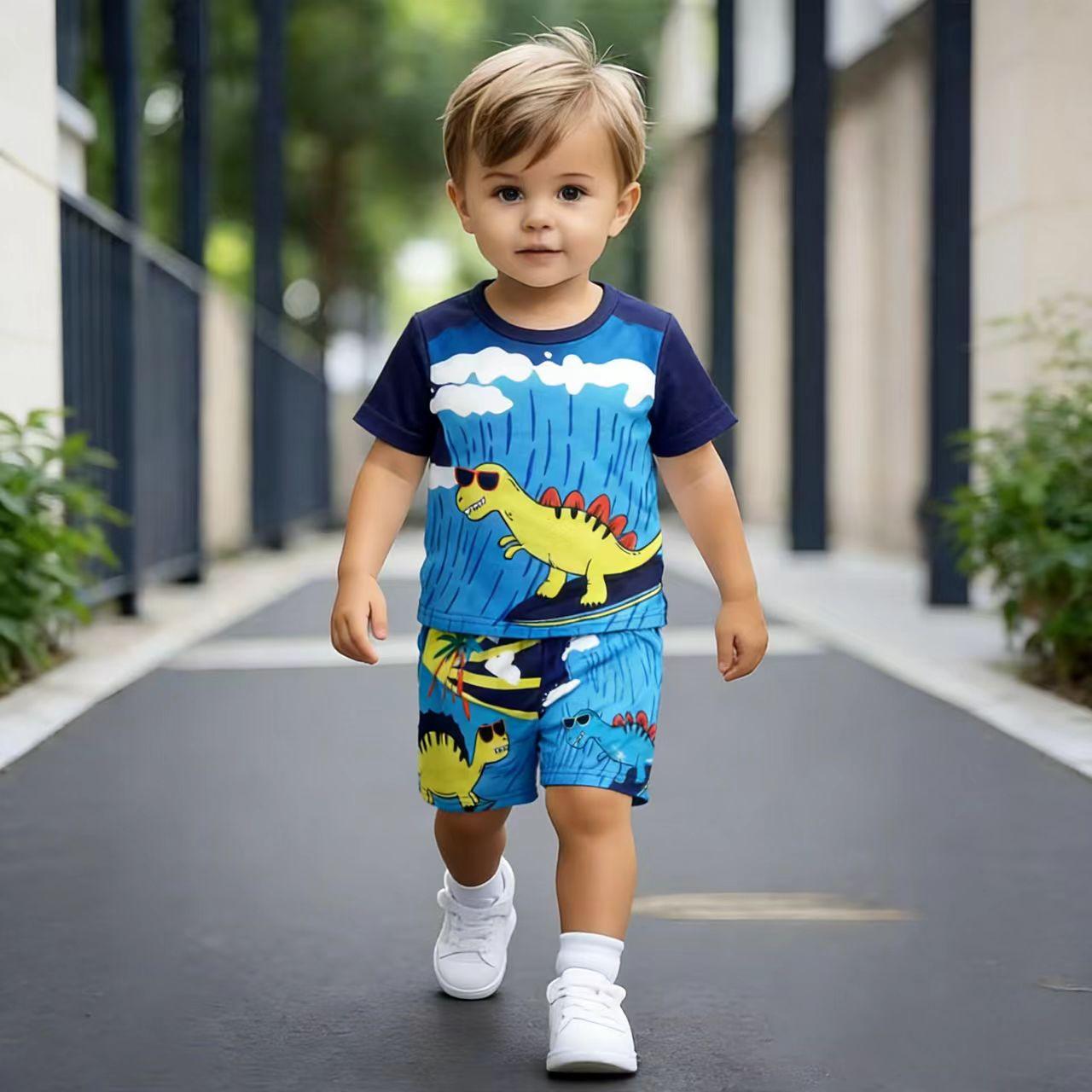 

Toddler Boys Cool Surfing Dinosaur 2-Piece Outfit, Summer Blue Cartoon Clothes for Kids, Perfect for Playwear & Outdoor 1-2Y синий