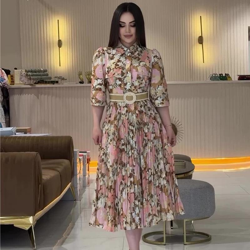 2024 Autumn Bohemian Print Turn-Down Collar Dress