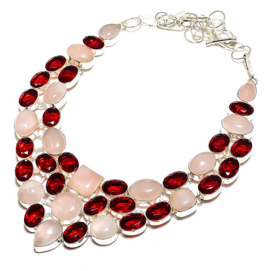 

Rose Quartz, Garnet Gemstone 925 Sterling Silver Jewelry Necklace 18 SU-9748