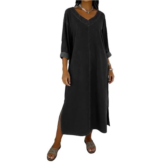 

Women s Faux Denim Maxi Dress V Neck 3/4 Sleeve Loose Long Dress Casual Summer Beach Vacation Sundress XXL чёрный