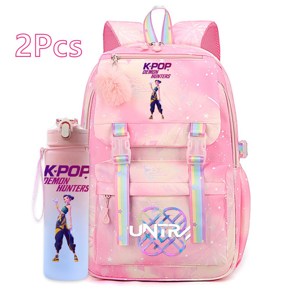 2Pcs/set Anime Cartoon Kpop Printed Backpack with 750Ml Water Bottler Large Capacity Travel Bag for Teenager Girl Boy Bookbag Kid Gift Rucksak